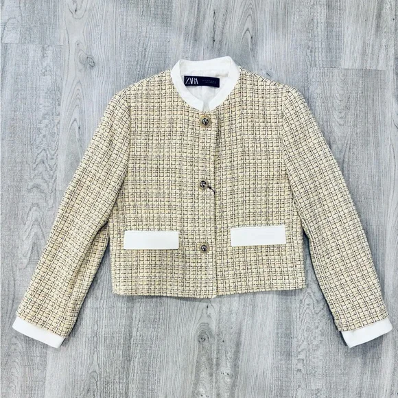 NWT Zara Textured Cropped Tweed Gold Blazer Jacket Small - Picture 3 of 10